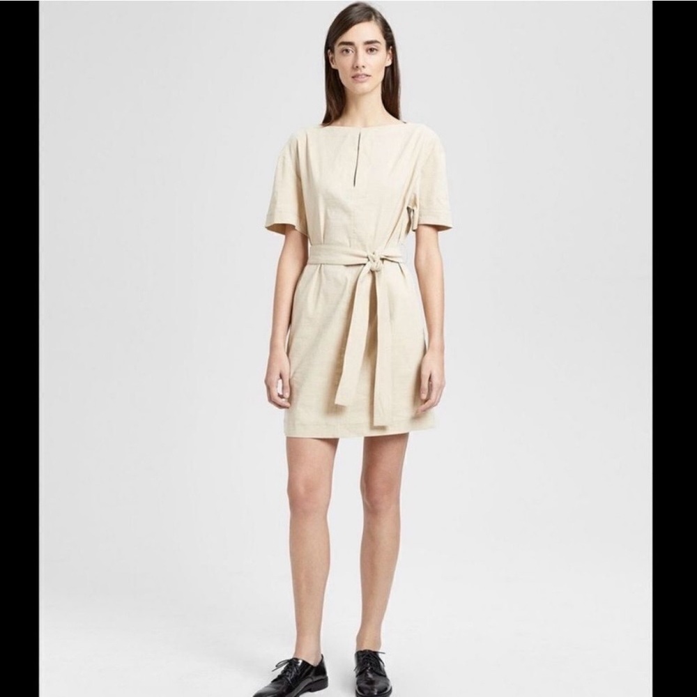 Theory Khaki  Linen Short-Sleeve Tie-Waist Mini Dress 6